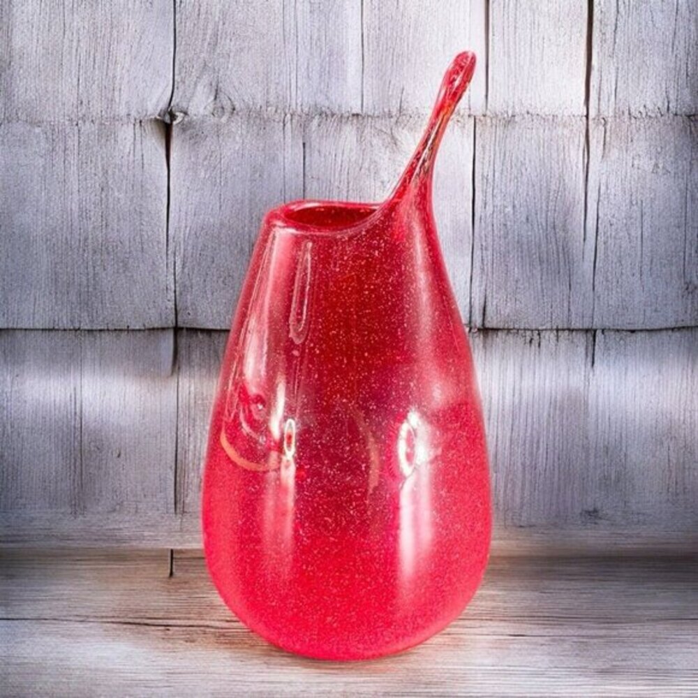Hand Blown Studio Art Glass Vase Hand Made Glassware Vessel Red Open Top Vase‎